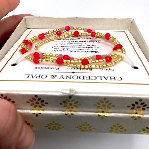 Shivam Chalcedony & Opal Red and Gold Beaded Brass Bracelets - Picture 5 of 7